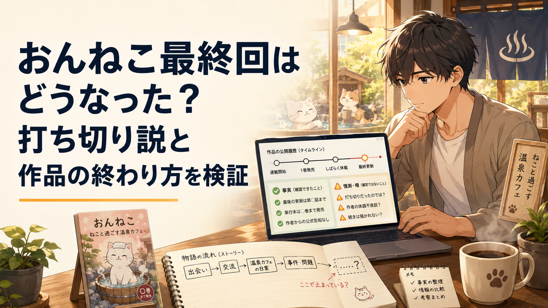 温泉カフェのおんねこたちの物語が完結せず途中で閉じられたことを表す静かなイメージ
