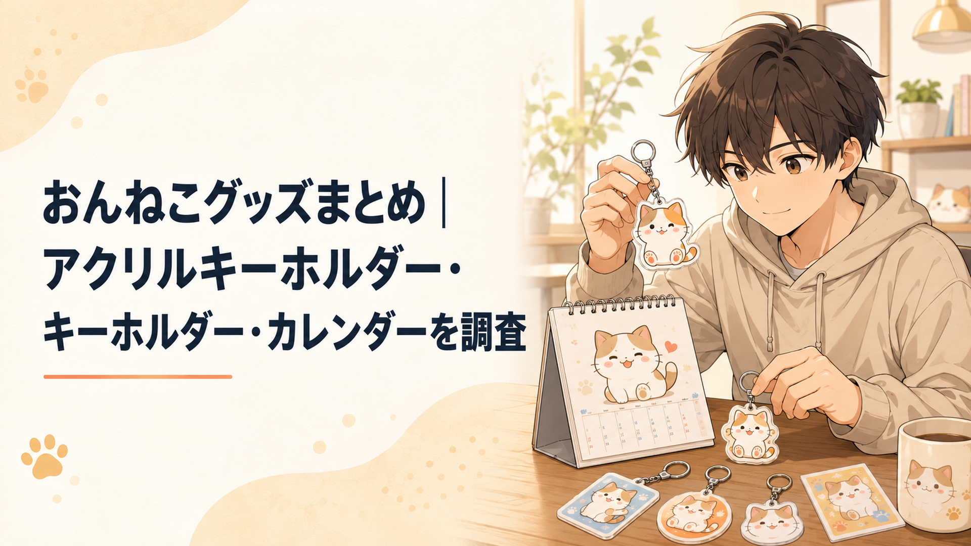 おんねこのアクリルキーホルダーとカレンダーを並べて調査するイメージ