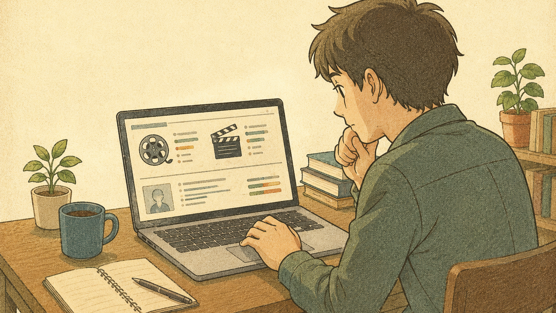 アニメや映画の制作情報をパソコンで確認する人物