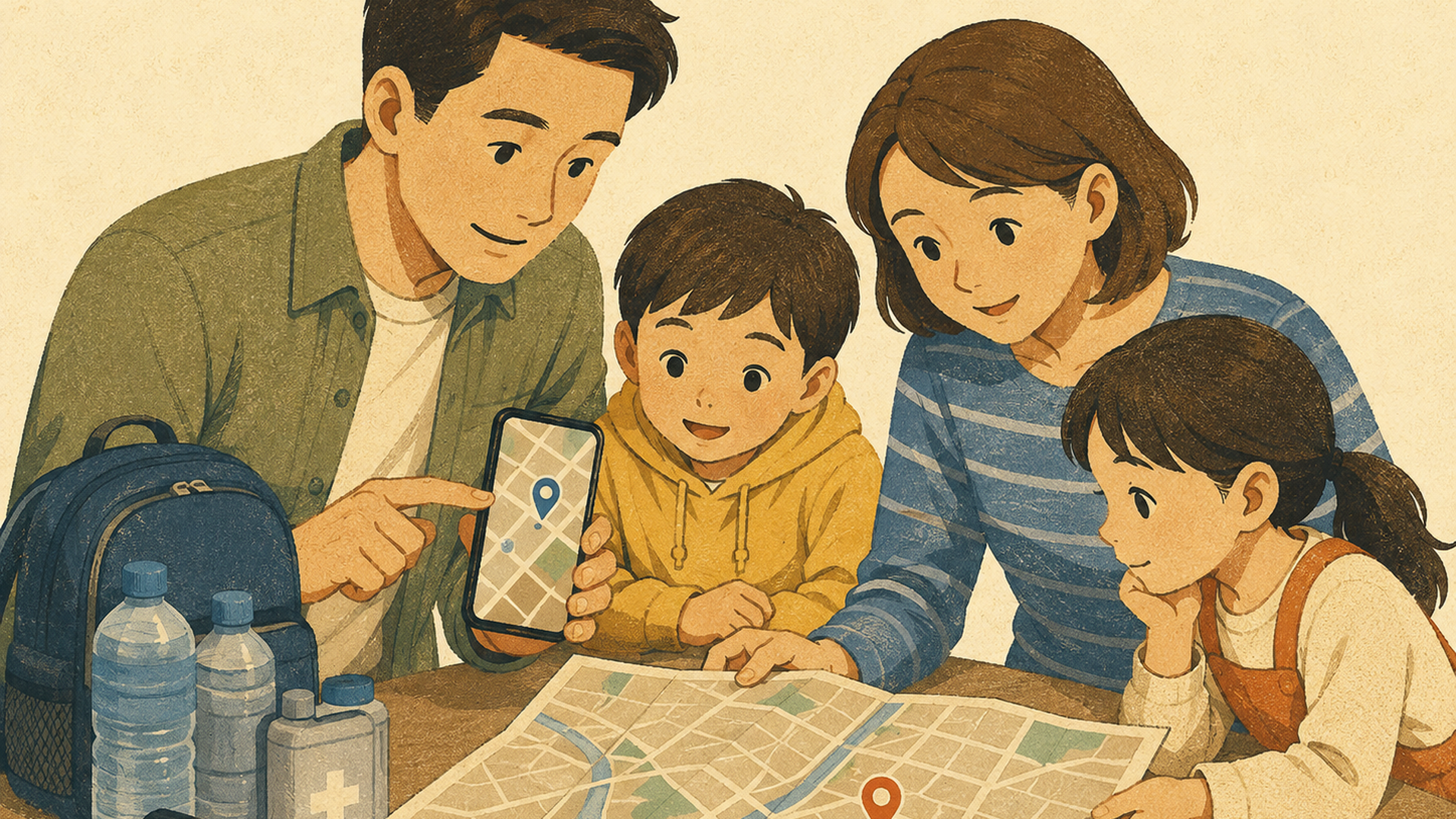 スマートフォンと紙の防災マップで最寄りの災害時給水拠点を確認する家族