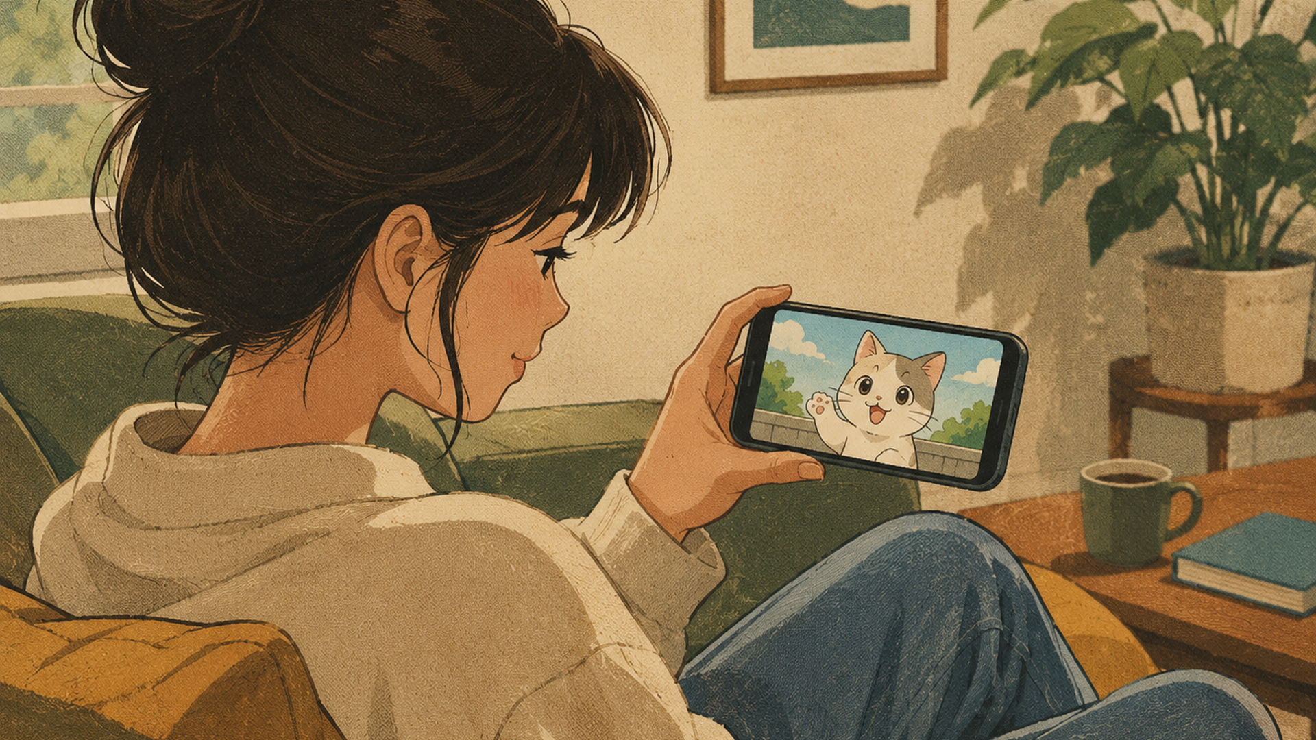 スマートフォンでアニメ風の猫キャラクター動画を見る人物