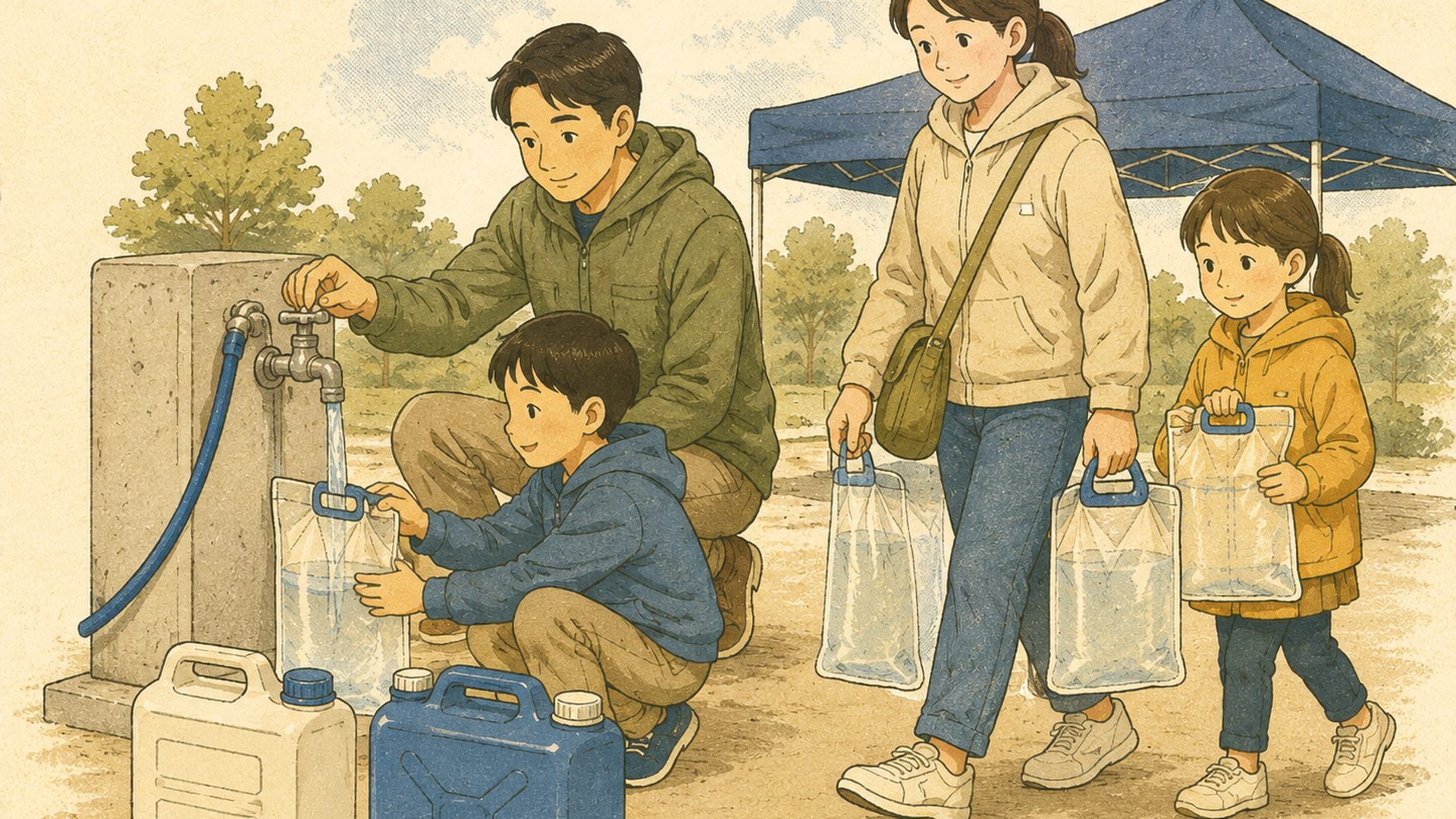 災害時給水拠点で清潔な給水バッグやポリタンクに水を入れて持ち帰る住民