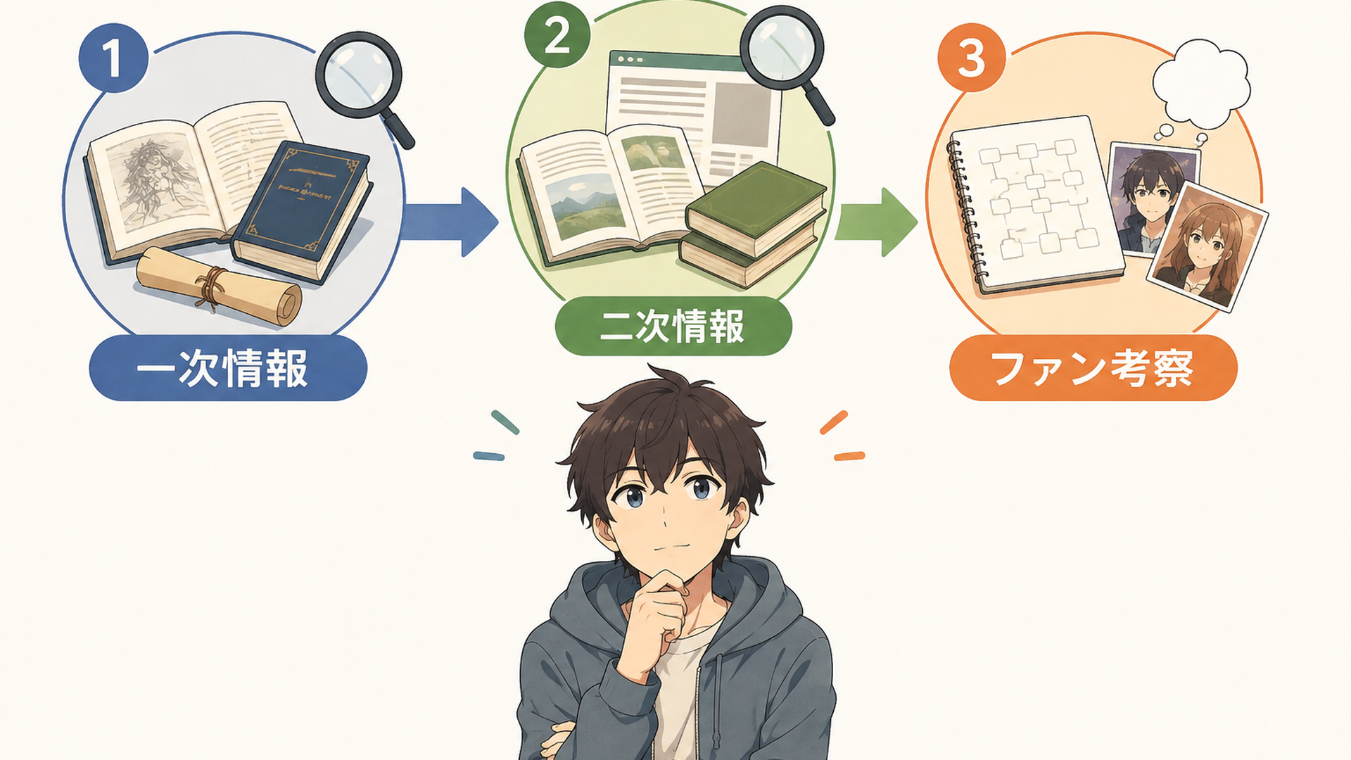 一次情報と二次情報とファン考察を三段階に分けて確認する図