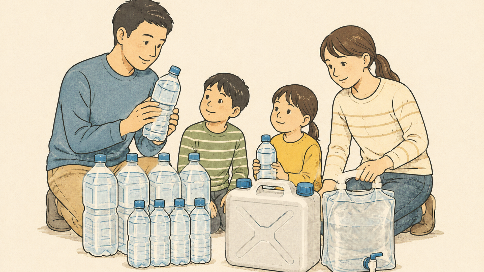 家族人数に合わせて備蓄したペットボトルの飲料水と給水容器