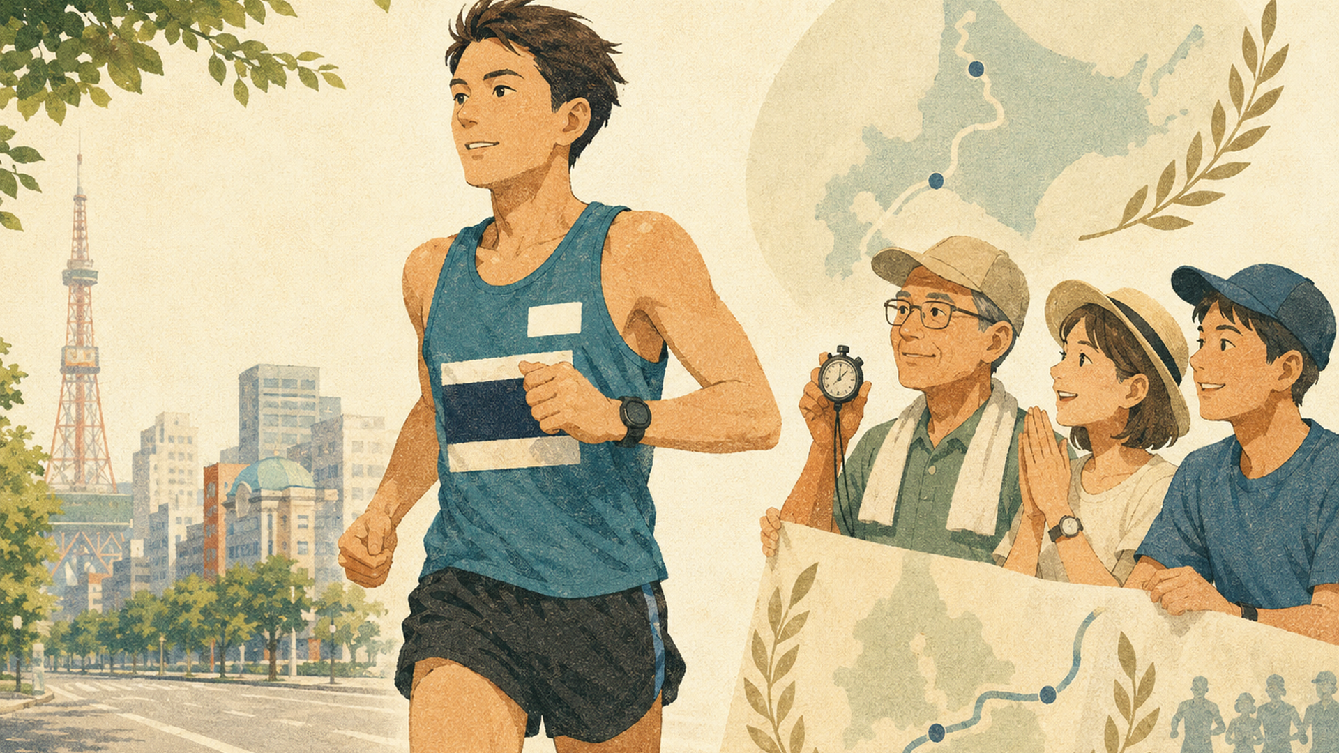 真夏の札幌を走るランナーと北海道マラソンの歴代記録や名勝負を見守る観客