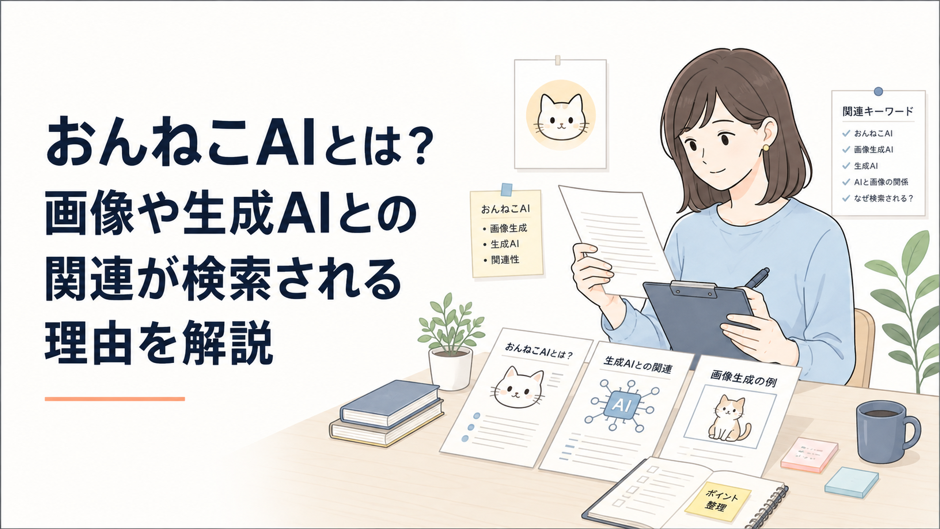 生成AIと猫キャラクターの話題を資料で整理する人物