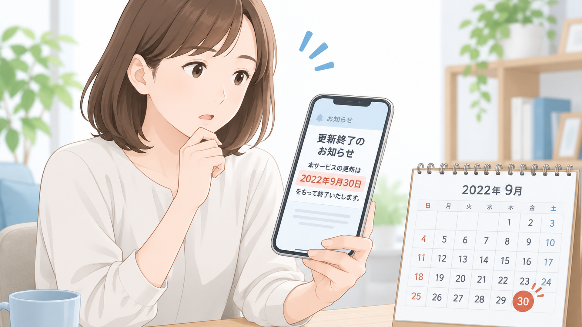 2022年9月30日の更新終了告知をスマホ画面とカレンダーで確認する人物