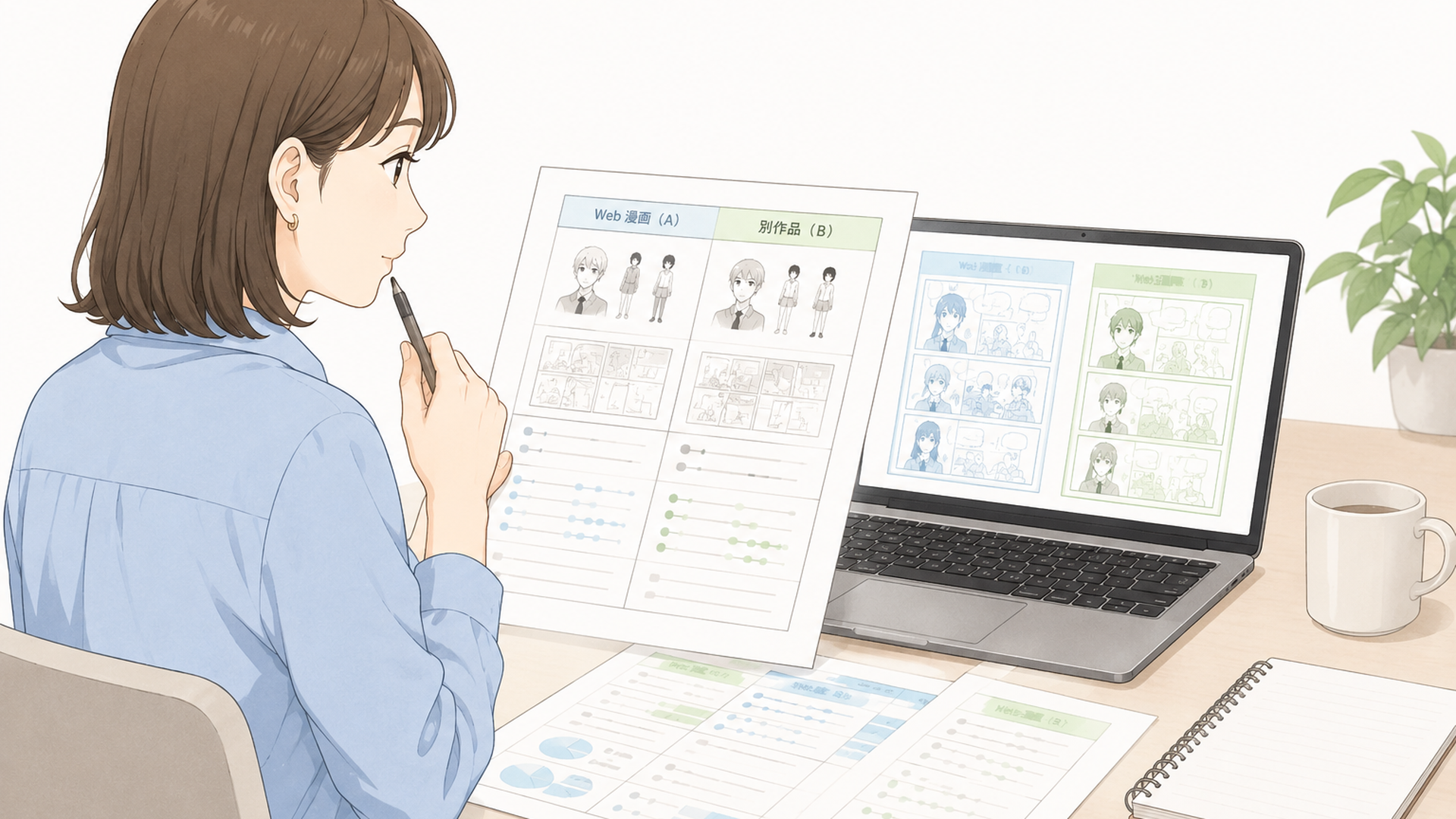 架空のWeb漫画と別作品の特徴を資料で比較しながら確認する人物