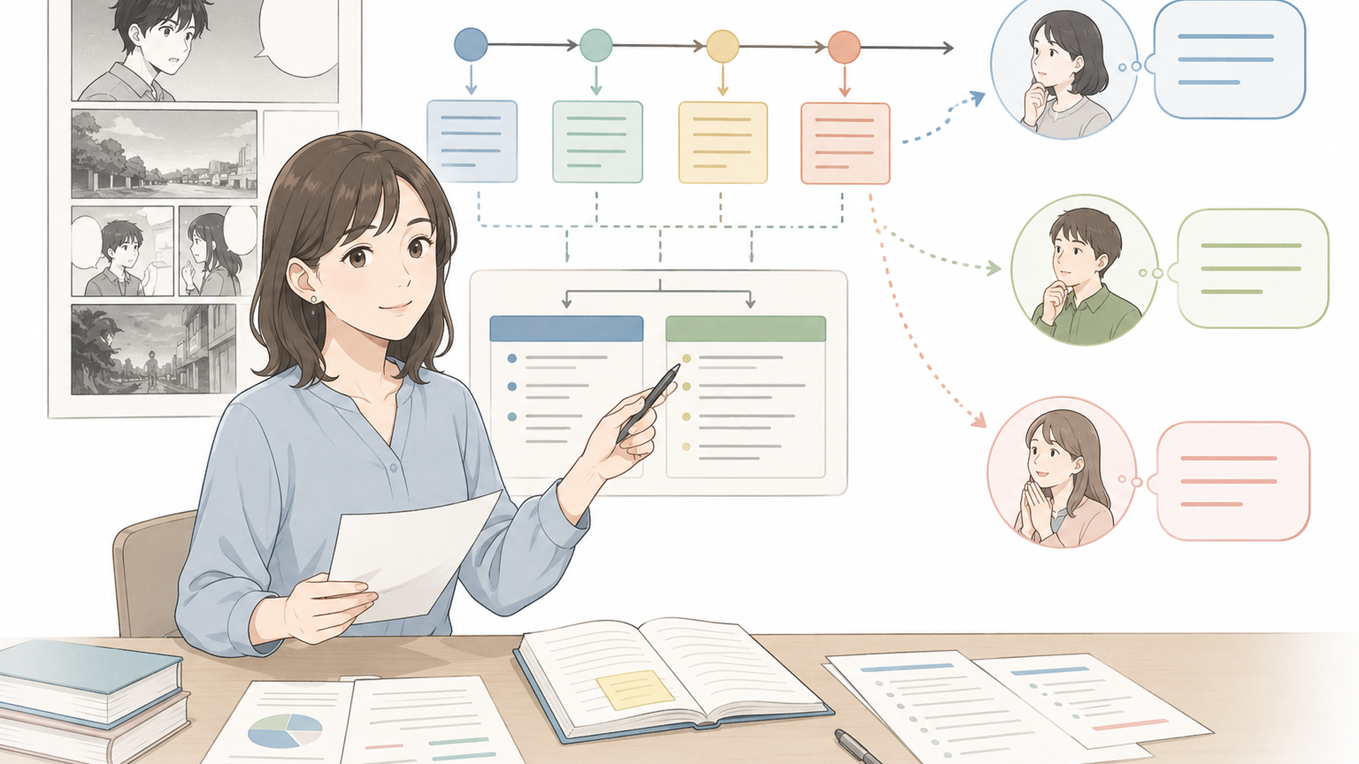 漫画の展開と読者の解釈の違いを資料で整理する人物