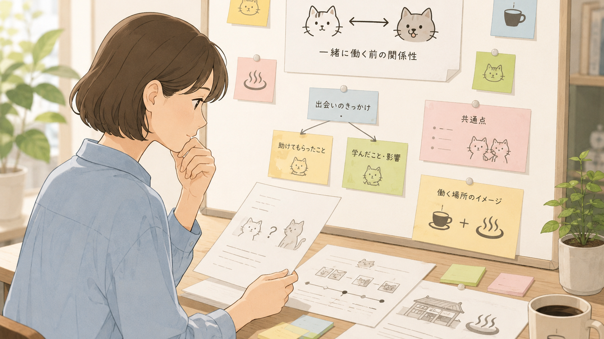 カフェ兼温泉で働くまでのおんねこと先輩的な猫の関係を資料で整理する人物
