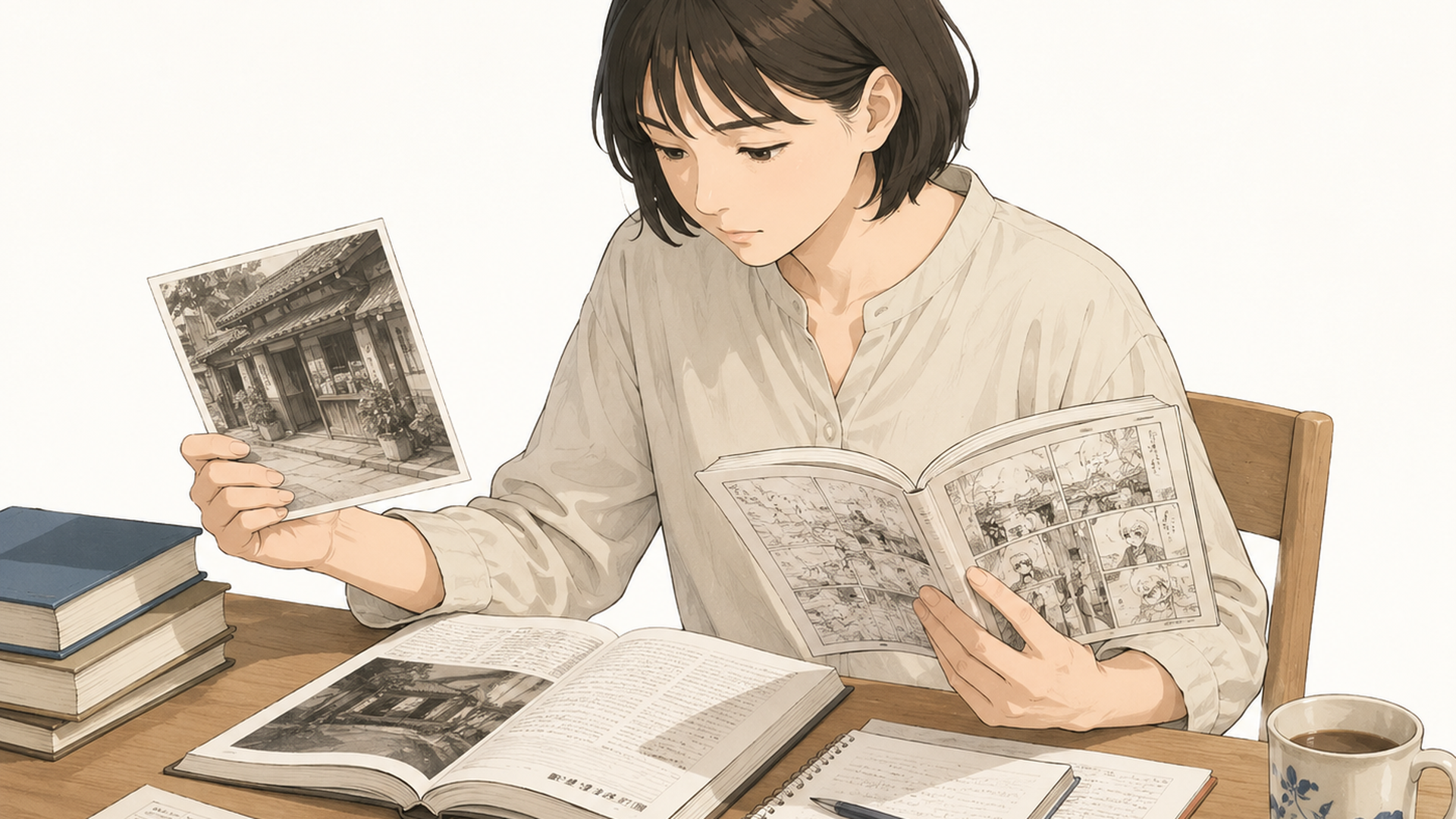 沖縄・首里の音楽喫茶と漫画作品の資料を比較して確認する人物