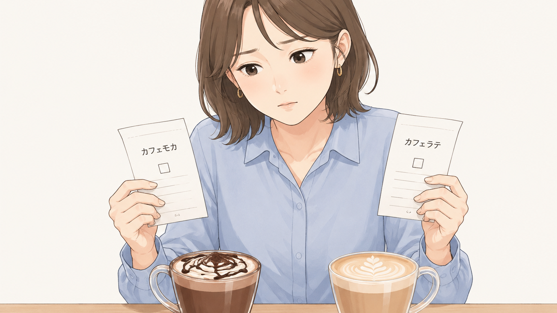 カフェの注文票とカフェモカ・カフェラテを並べて注文違いを確認する人物