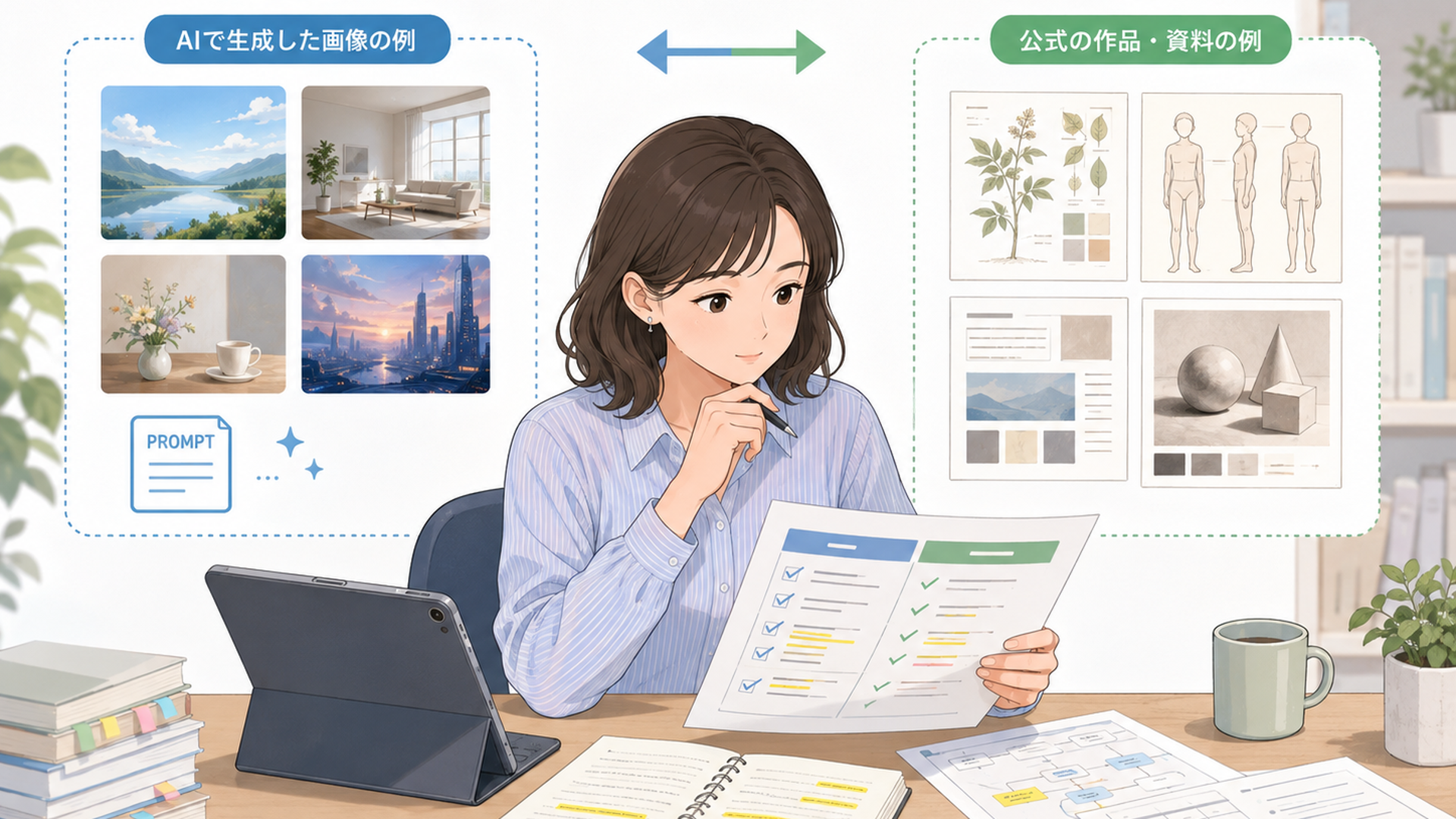 AI生成画像と公式作品の違いを資料で確認する人物
