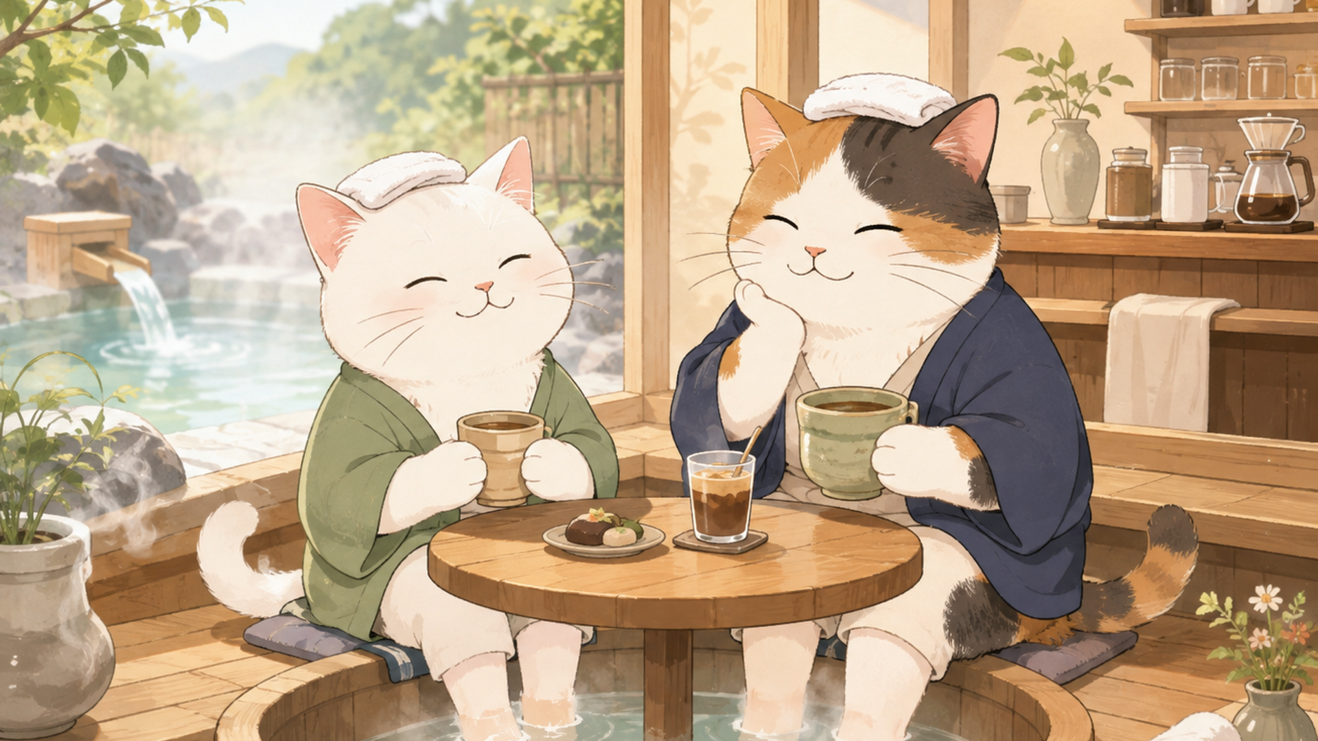 温泉好きの白猫とぶち猫のししょーがいる温泉カフェ