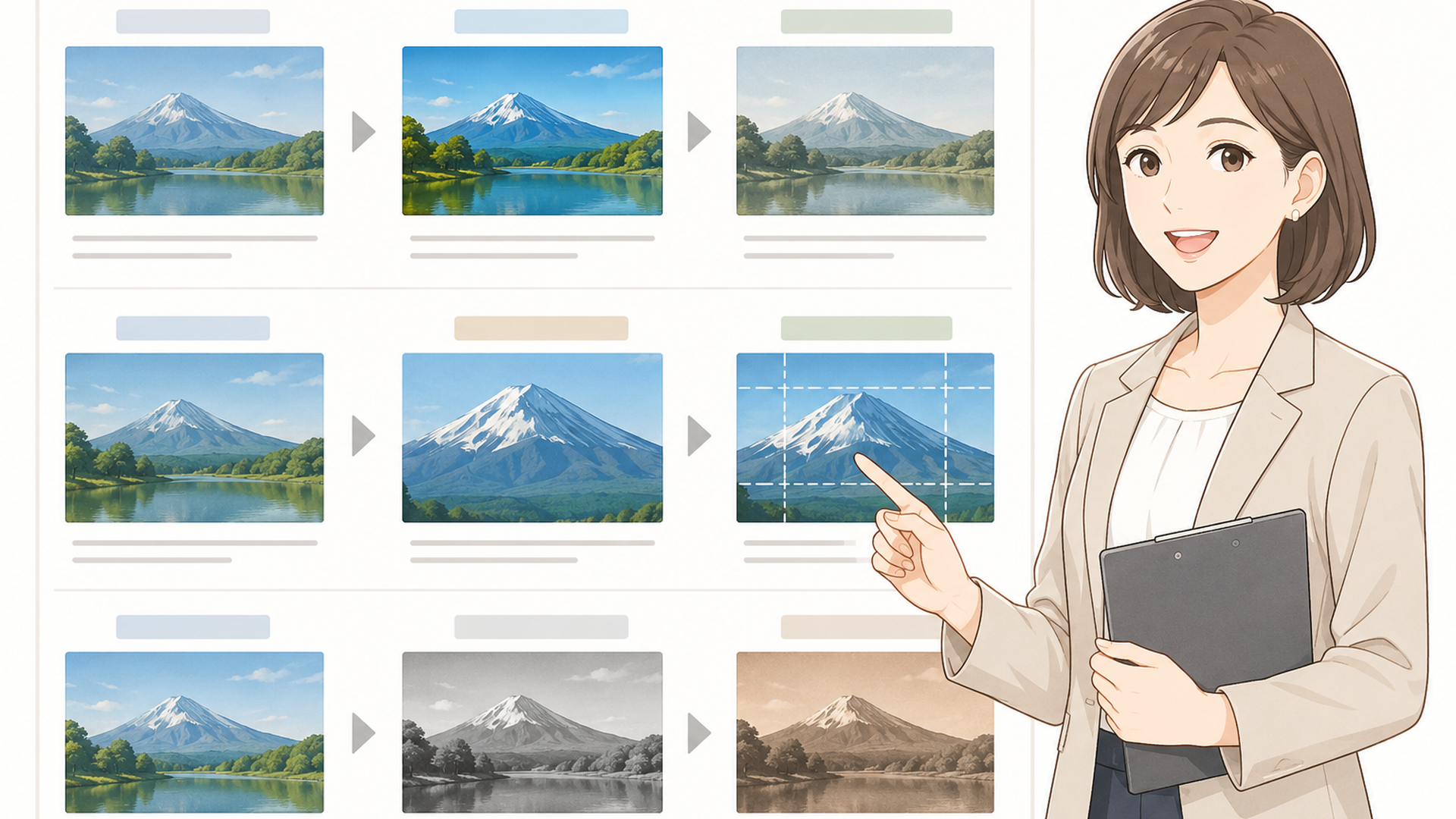 原作画像と比較画像や加工画像の違いを資料で整理する人物