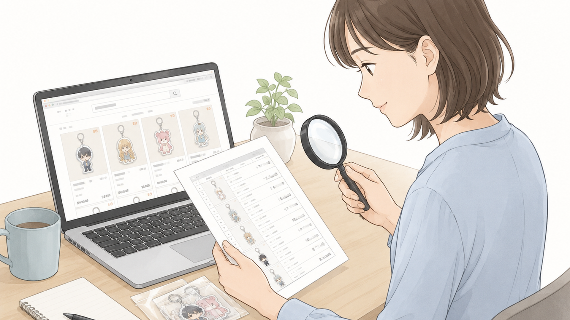 アクリルキーホルダーの中古出品情報と価格を資料で確認する人物