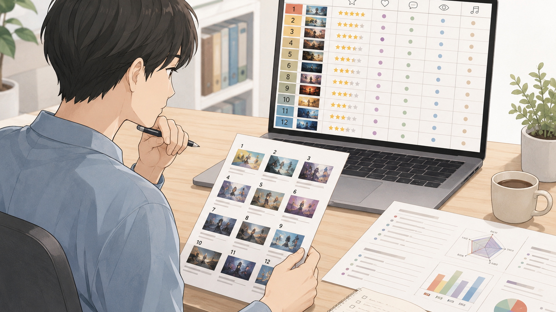 Netflixのアニメ12作品をランキング表と資料で比較する人物