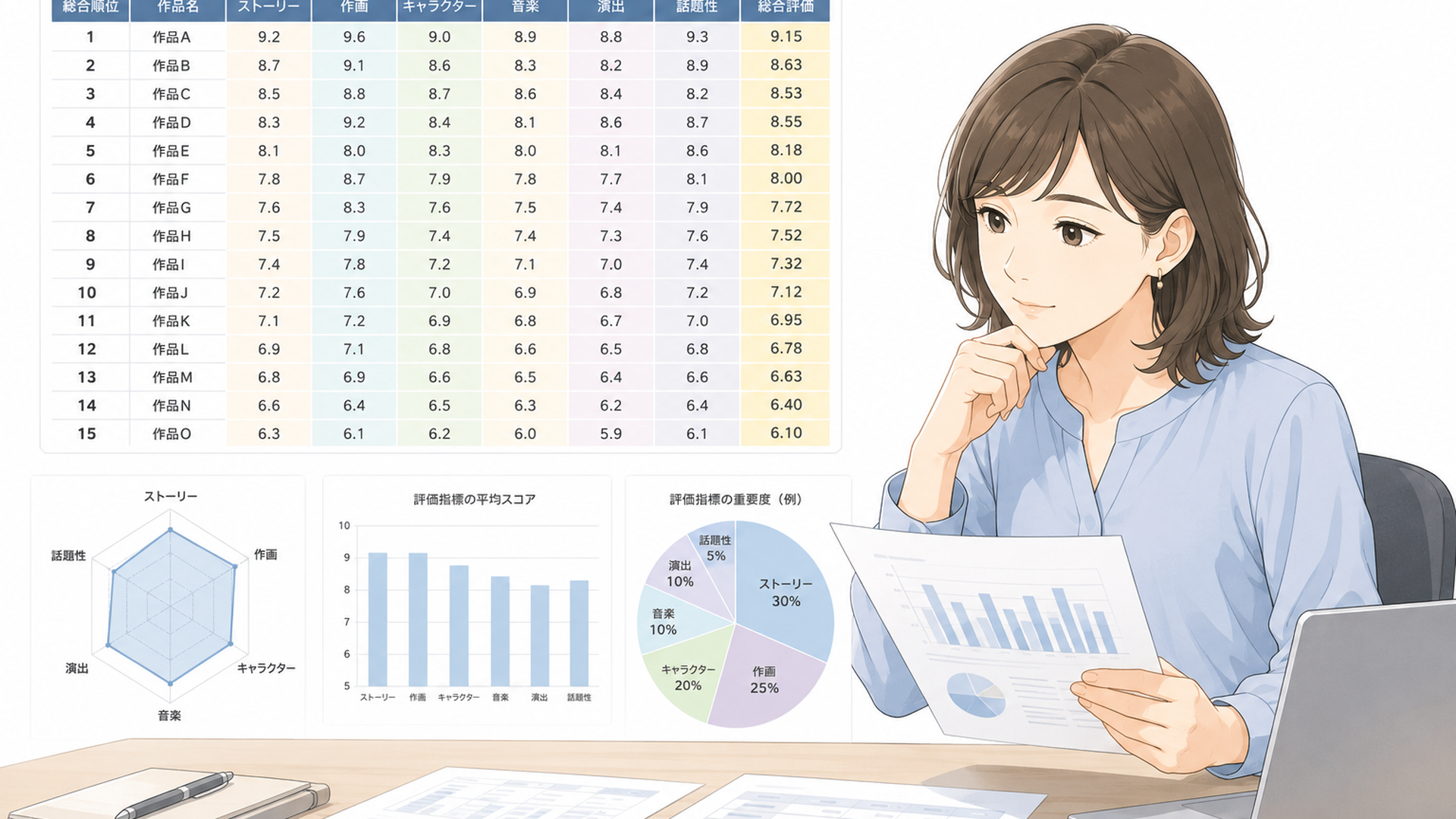 2026年アニメ15作品の総合順位と評価指標を資料で比較する人物