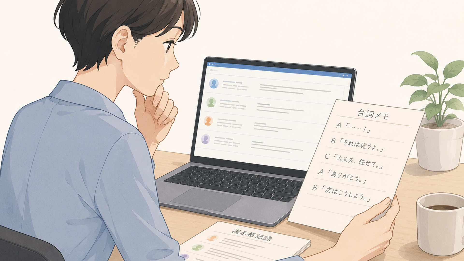 過去の掲示板記録と台詞メモを並べて確認する人物