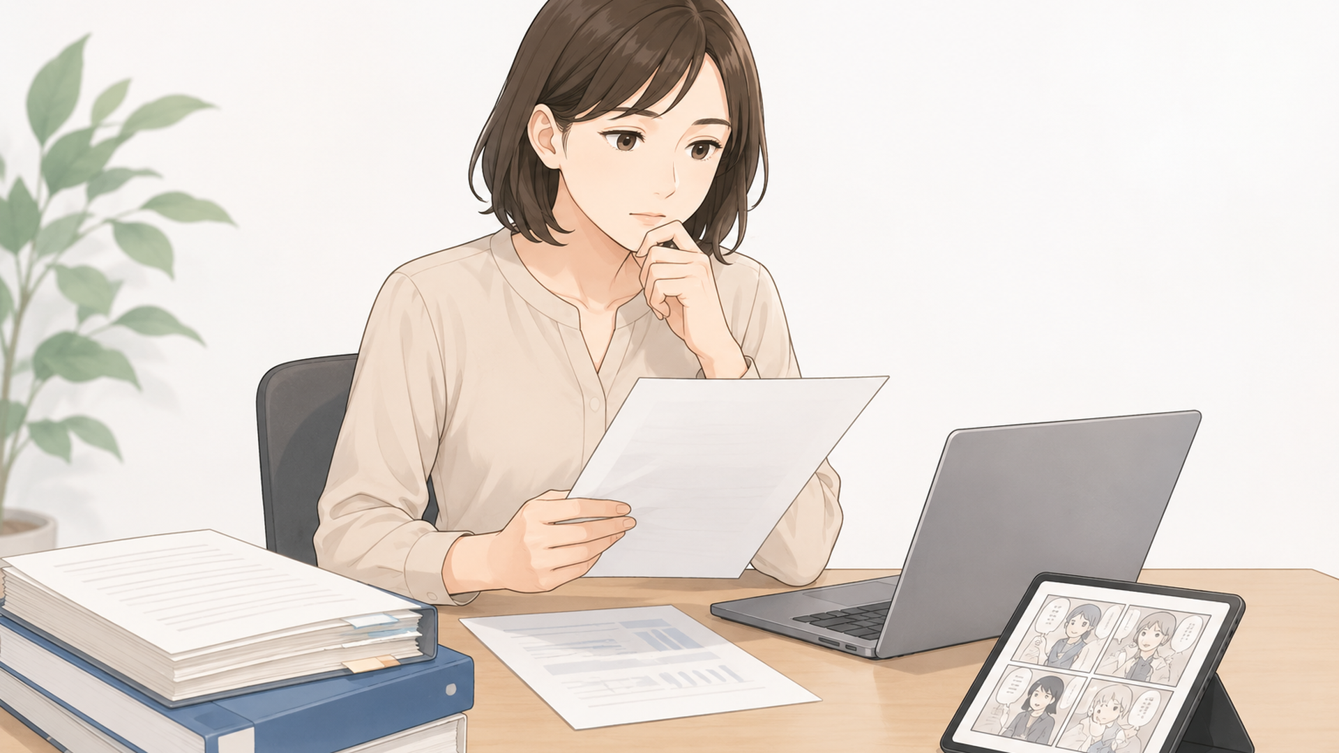 裁判記録とWeb漫画の画像利用について資料を確認する人物