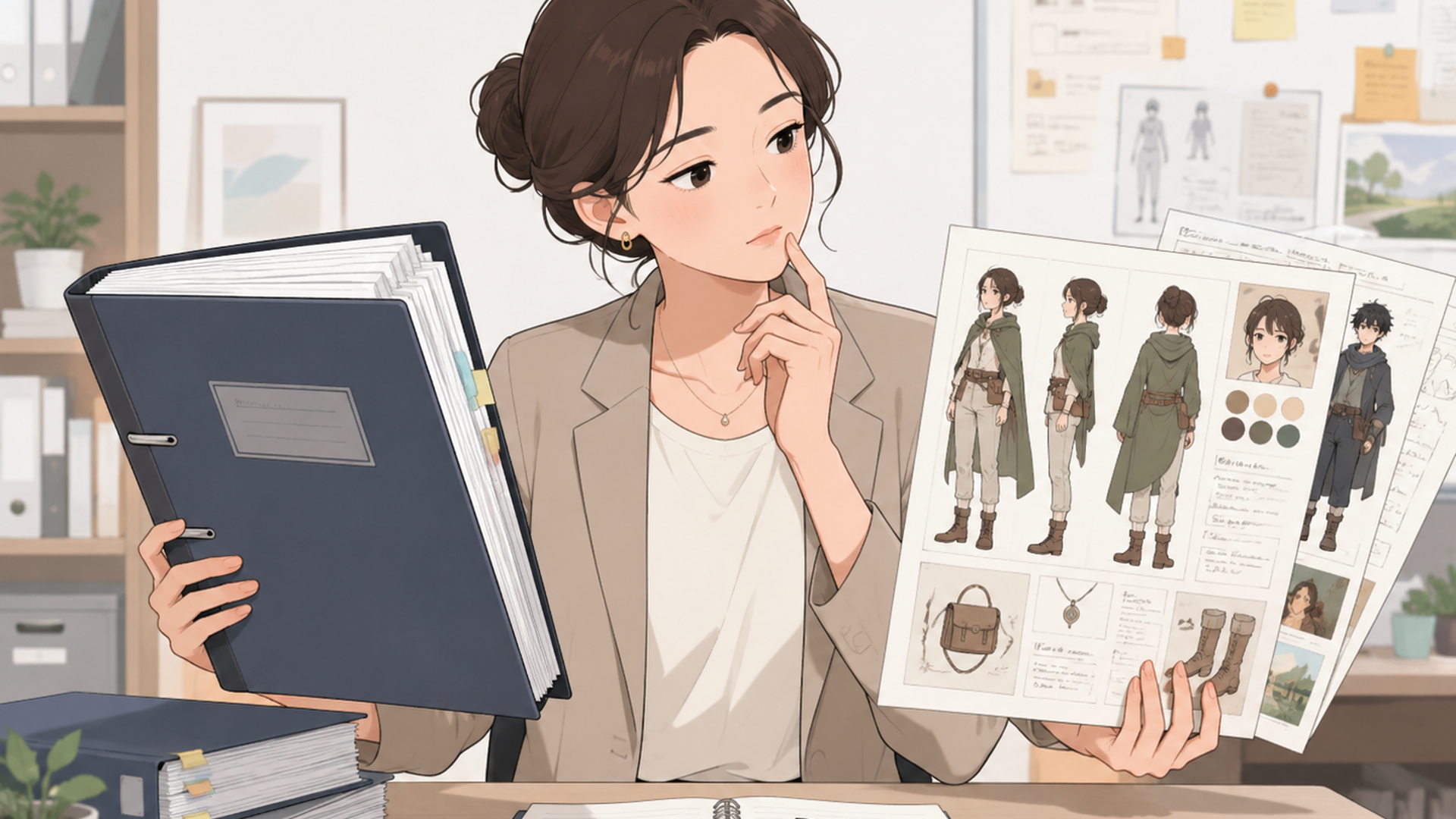 裁判記録とWeb漫画のキャラクター設定資料の違いを確認する人物