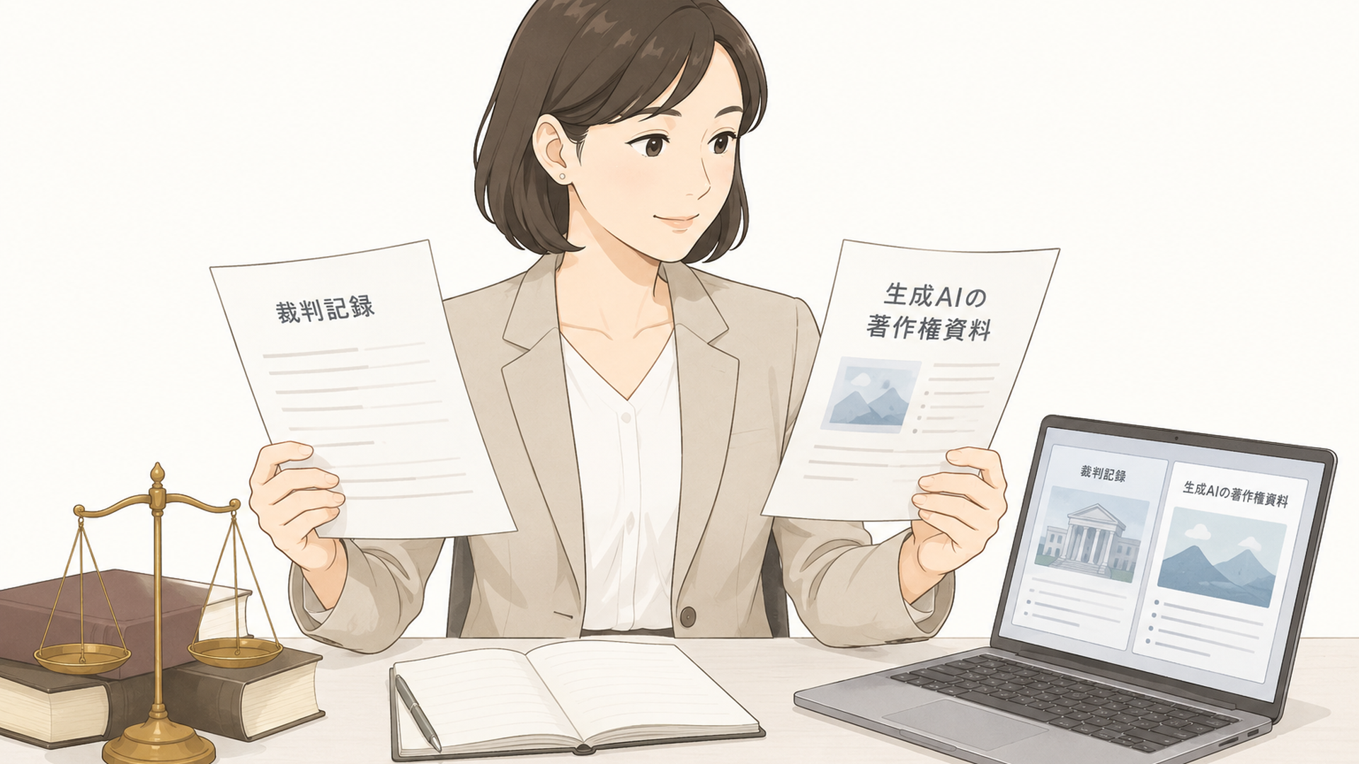 裁判記録と生成AIの著作権資料を比較して確認する人物