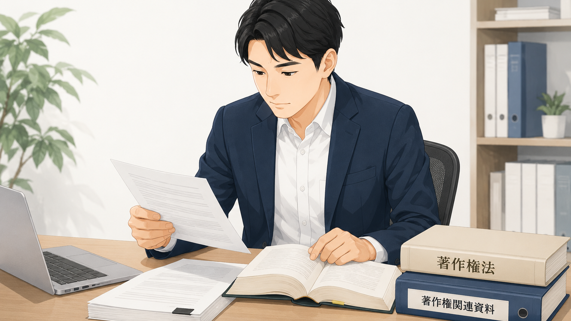 大阪地裁の判決文と著作権資料をデスクで確認する人物