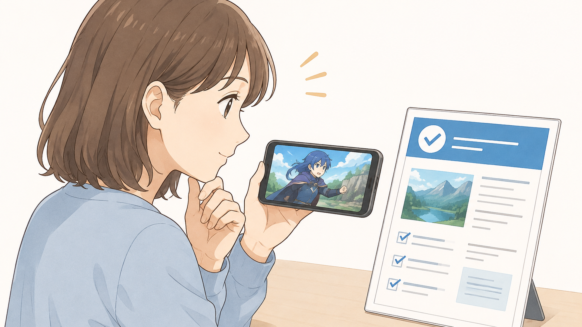 スマホのアニメ風動画と公式情報を見比べる人物