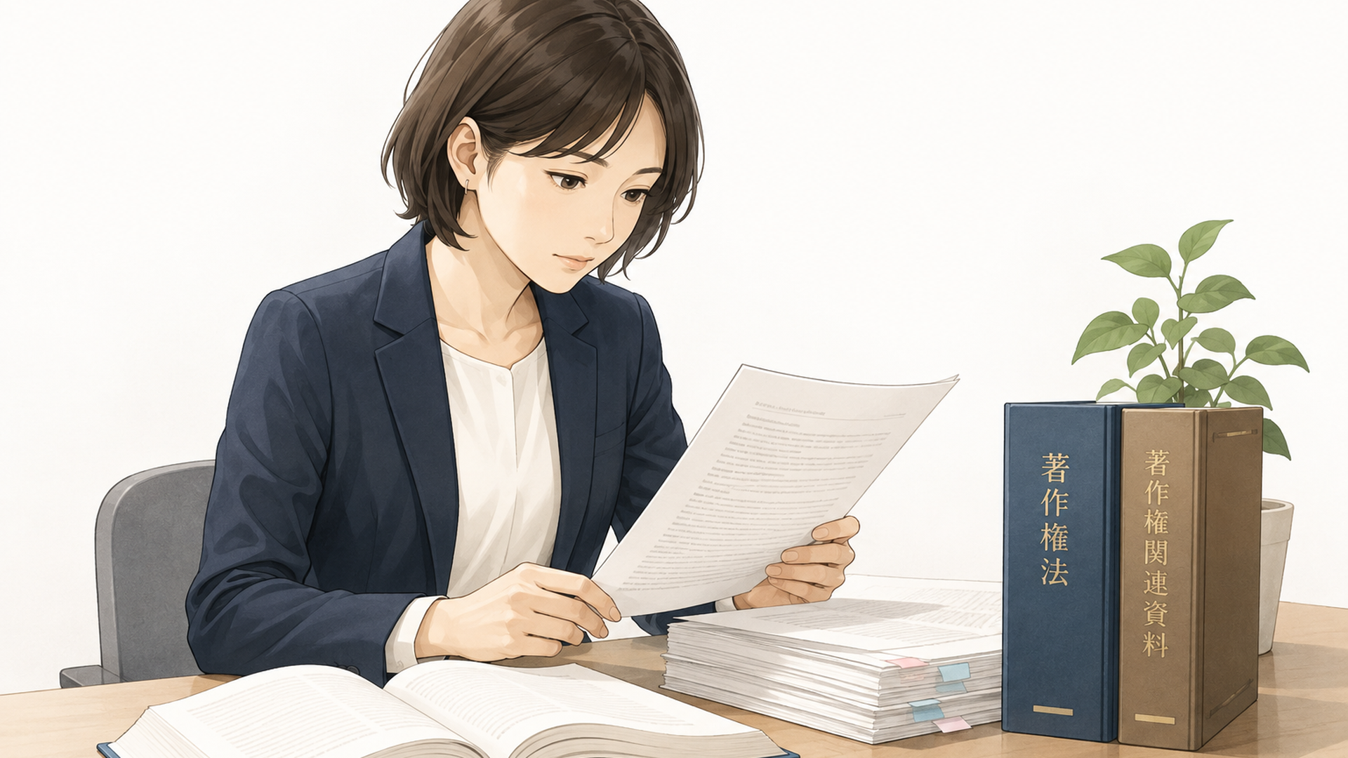 大阪地裁の判決文と著作権資料を確認する人物