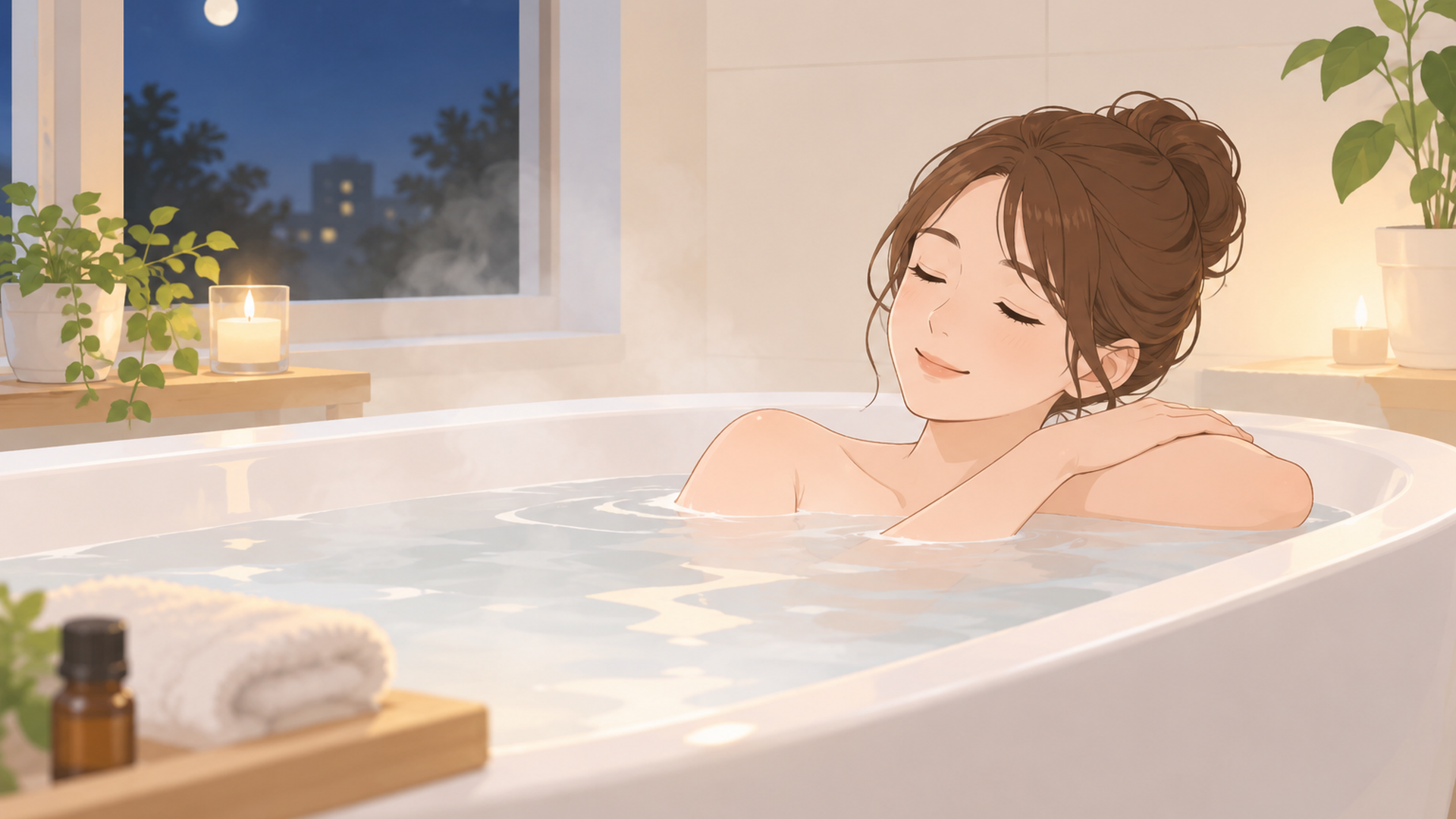 夜にぬるめの湯船につかりリラックスして過ごす人物